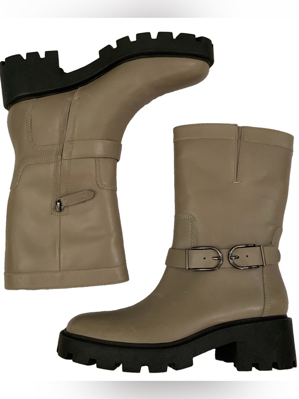 Franco Sarto Women's Elle Leather Boot Mid Shaft Lug Sole Side Zip Taupe 7M New